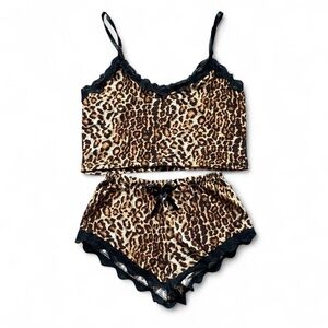 SHEIN Leopard Print Pajama Set with Black Lace